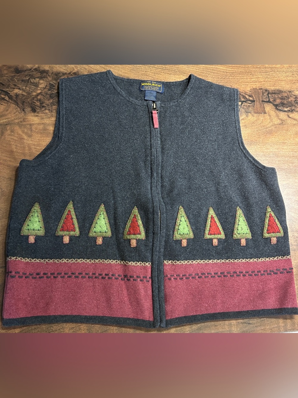 Vintage 1990s Woolrich Christmas Tree Zip-Front Sweater Vest